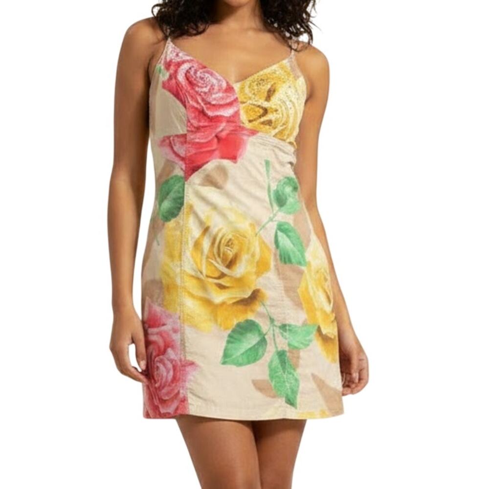 Y2K Pink Yellow Tan Floral Rhinestone Sleeveless Mini Dress 44 / M Angelo Marani - Picture 2 of 10